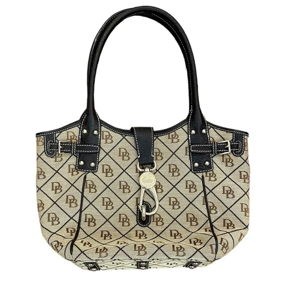 Vintage Dooney & Bourke Brown and Tan Tulip Satchel Logo Purse/Bag w/Lock Strap - Picture 1 of 13